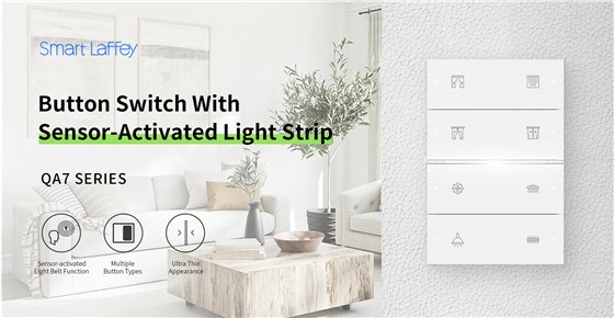 SmartLaffey QA7 Series Smart Panel with Tuya Zigbee, radar sensing light strip, and customizable engraving for smart homes and hotels.