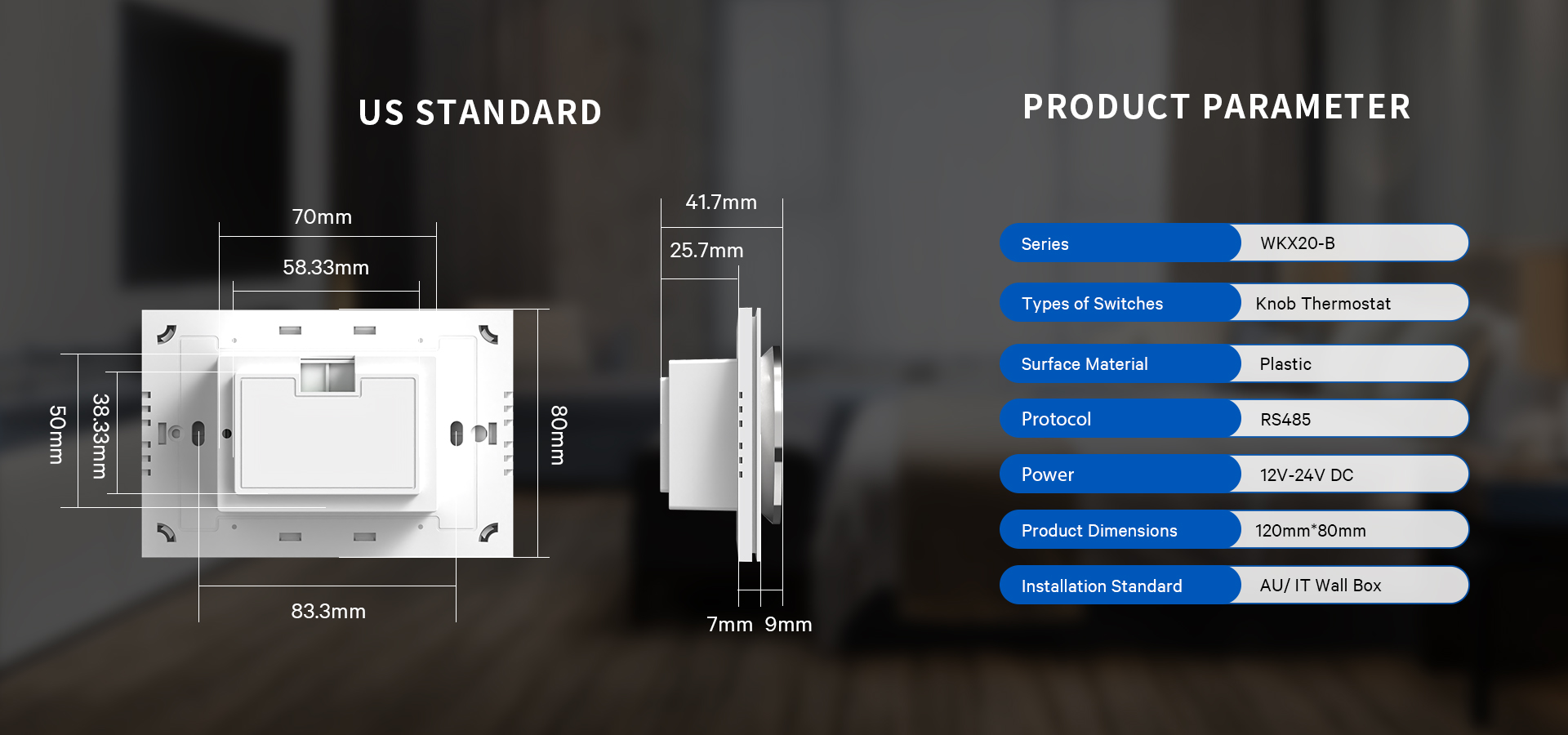WKX20-B RS485 thermostat installation structure and terminal layout
