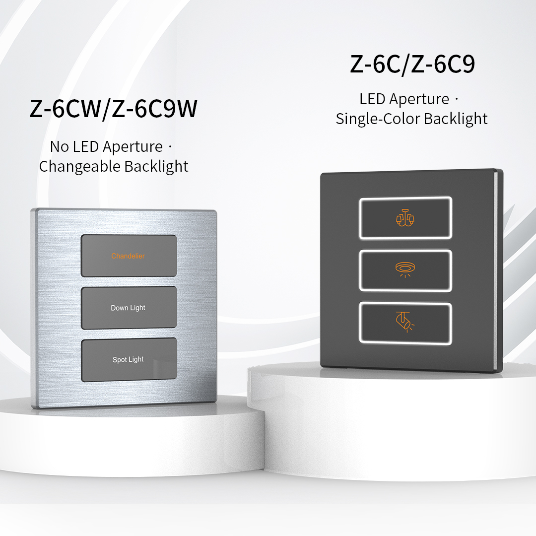 Z-6C and Z-6C9 tact switches with LED apertures compared with Z-6CW and Z-6C9W changeable backlight models