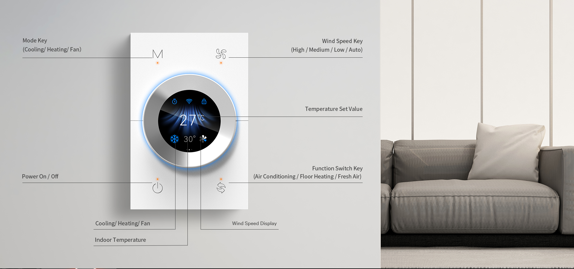 WKX20 thermostat knob control interface with LED display and function buttons
