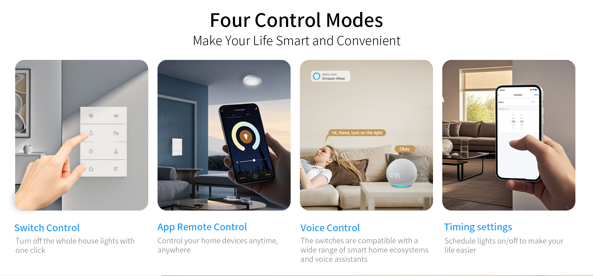 QA7 Smart Panel with multi-control options, including SmartLaffey app, panel control, and voice command integration.