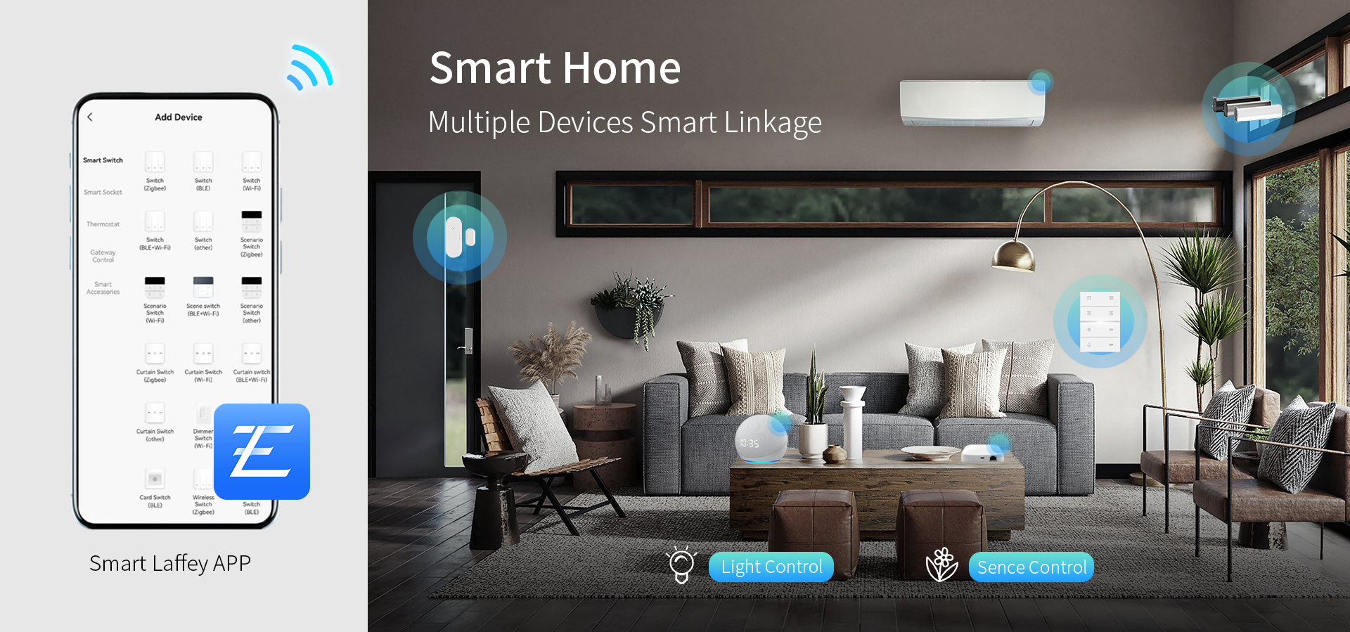 smartlaffey app control for switch, curtain, lighting, thermostat, and scenario.