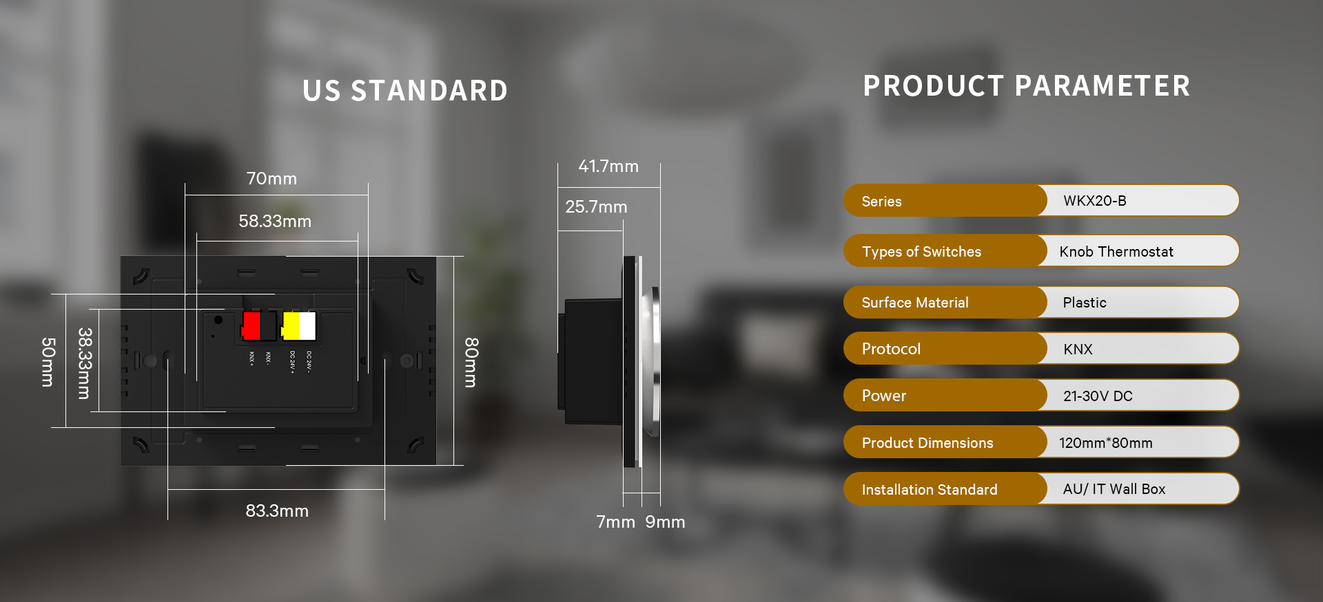 WKX20-B-KNX smart thermostat size Australian / Italian standard